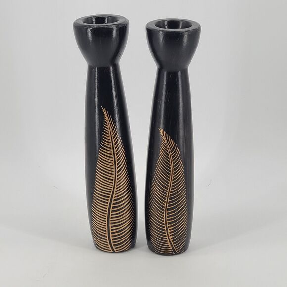 Tall Ceramic Candlestick Set of 2 Black Gold Fern - Picture 2 of 5